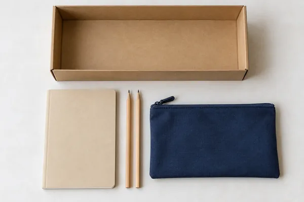 One notebook, two pencils and one pouch laid out beside an empty kit box