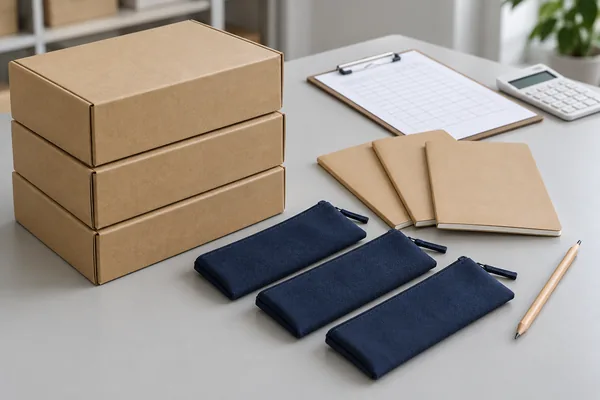 Closed retail kit boxes separated from loose notebooks, pouches and a pencil