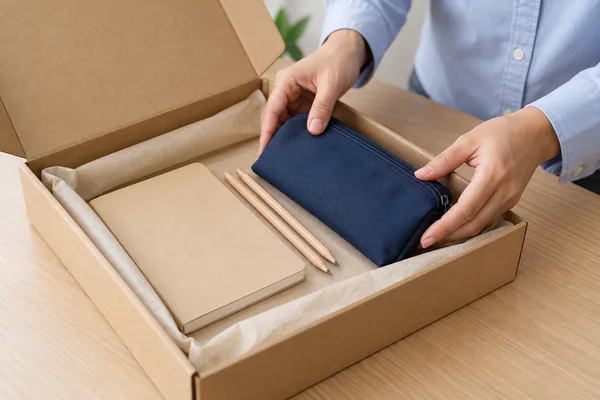 Hands arranging stationery components in a trial retail kit package