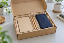 Concept stationery retail kit with a notebook, two pencils and a navy pouch in a kraft box