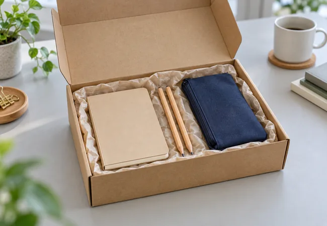 Concept stationery retail kit with a notebook, two pencils and a navy pouch in a kraft box