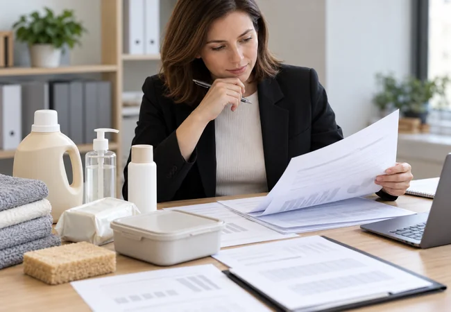 Buyer reviewing product documents beside a laptop and an unbranded sample