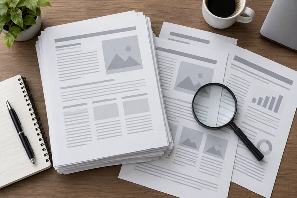 Complete document pages arranged on a desk for review