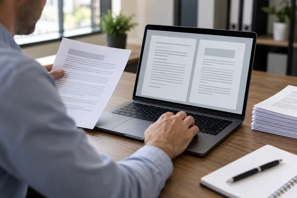 Buyer comparing a paper document with documents on a laptop